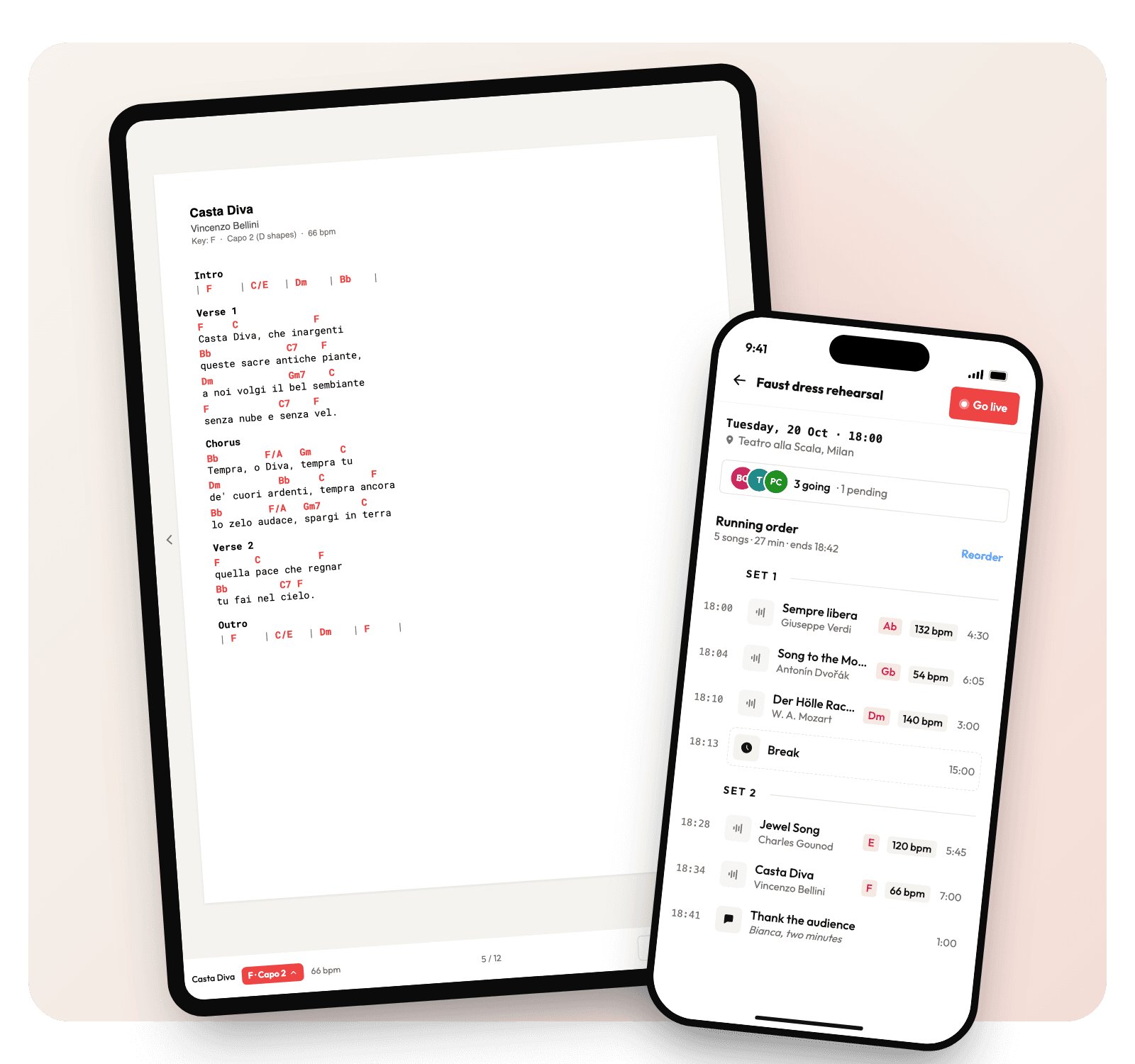 Music Planner on a tablet and a phone: a chord chart in LIVE, and the setlist with start times, keys and BPM