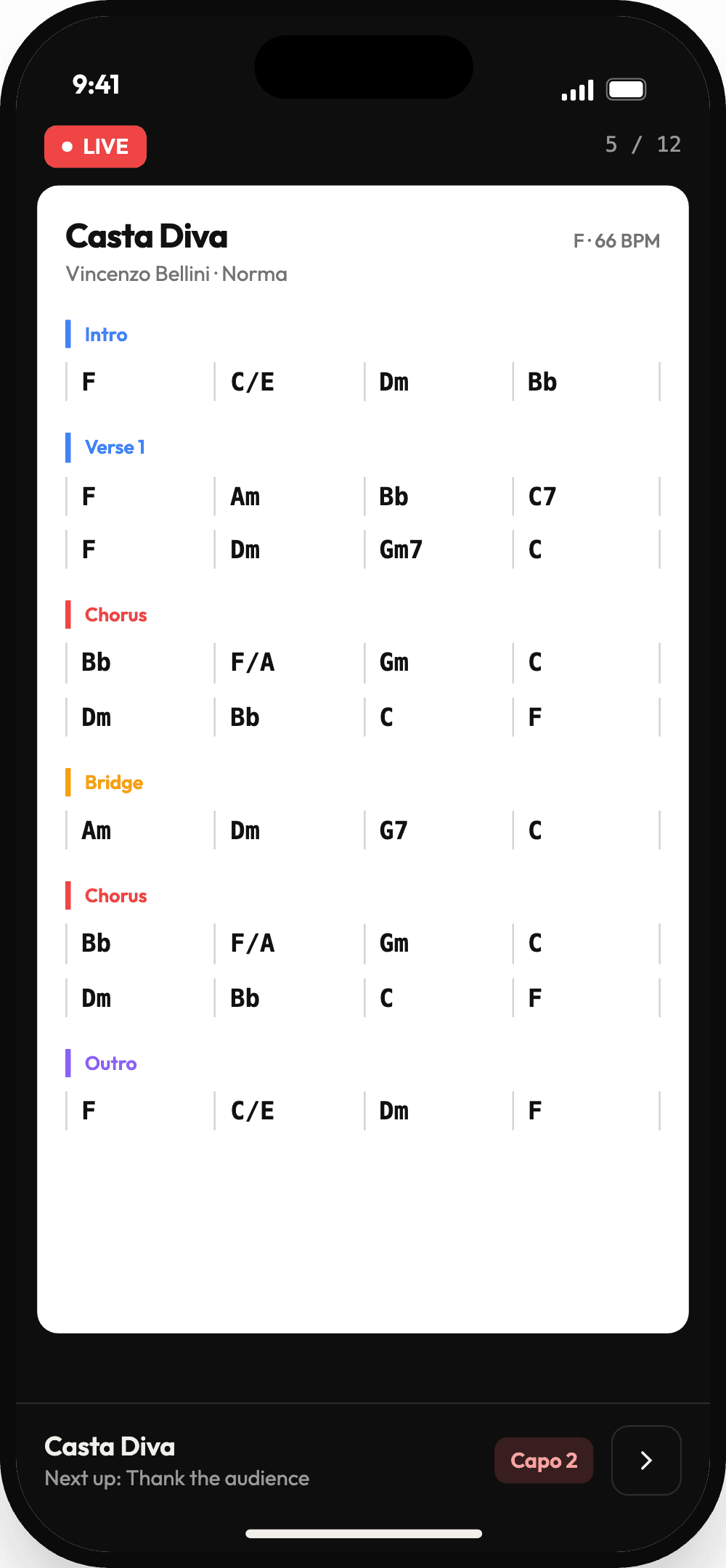 A chord chart in LIVE on a phone, with the next song and capo shown at the bottom