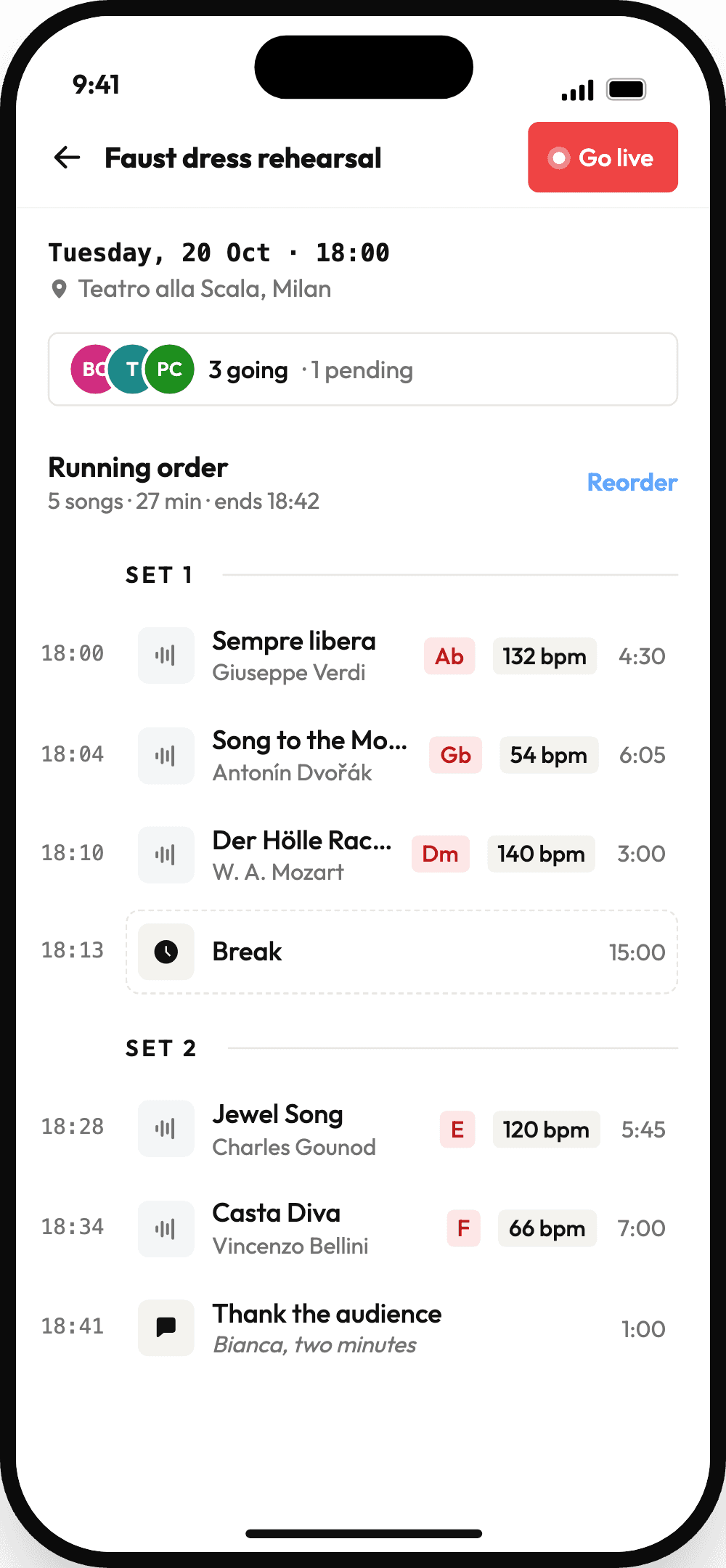 The Music Planner app showing a setlist with start times, keys, BPM and who's going